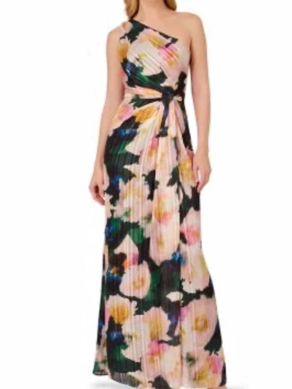 Adrianna Papell Pleated Metallic Ruffle Tiered One Shoulder Gown